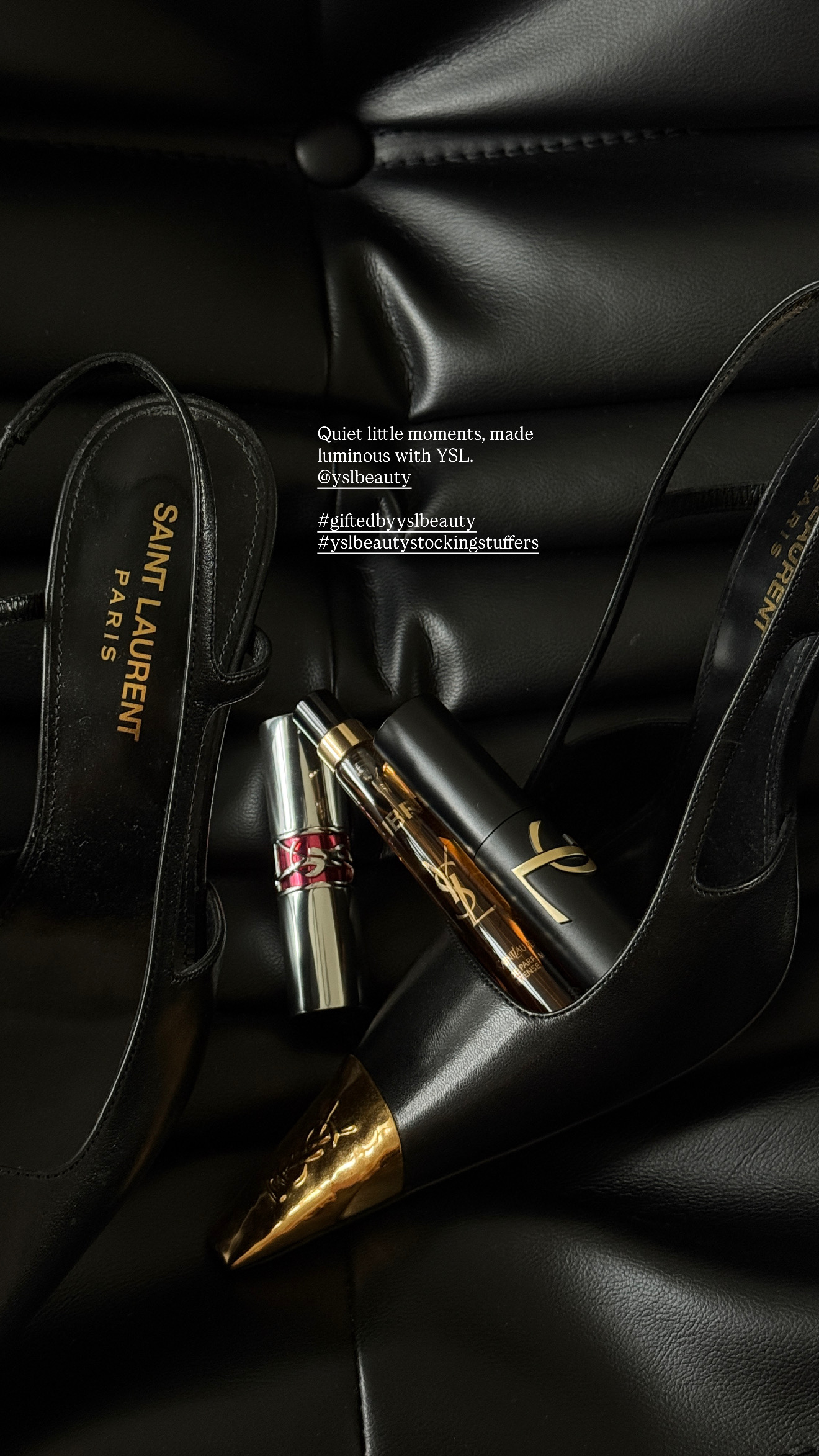 YSL Beauty products styled with black Saint Laurent heels